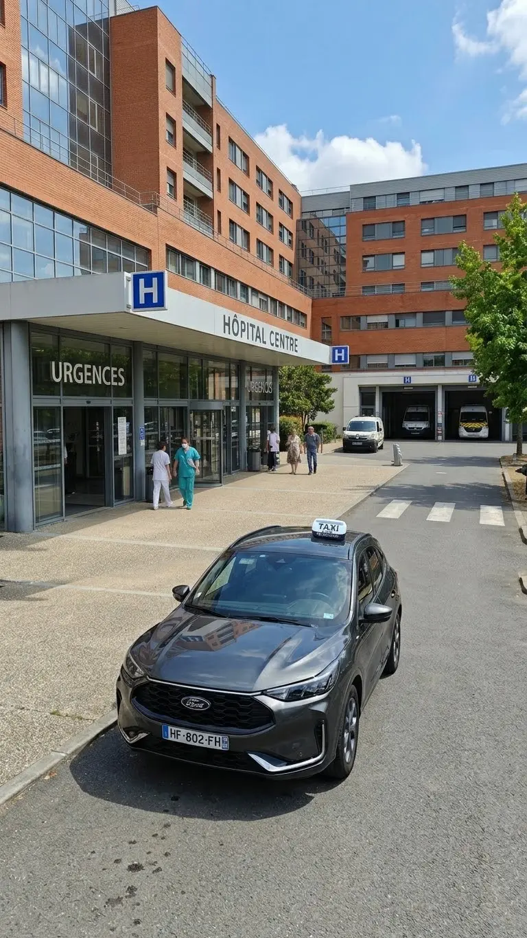 Taxi conventionné CPAM pour les patients de Foulayronnes devant l'entrée d'un hôpital