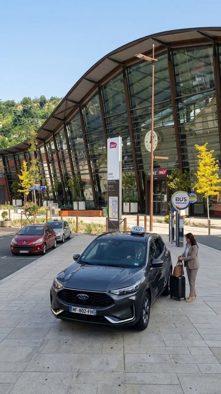 Voyageuse avec sa valise montant dans le taxi Ford Kuga de Taxi Avenue à Agen